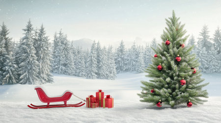A picturesque winter scene showcasing a vibrant Christmas tree adorned with ornaments, next to a red sleigh and colorful gifts in a snowy landscape.の素材