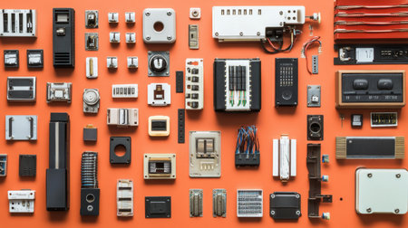A vibrant array of assorted electrical components arranged neatly on a bright orange background, showcasing various parts and technology elements for design and analysis.の素材