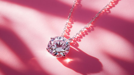 This captivating image features an exquisite diamond necklace, showcasing its brilliance against a soft pink backdrop, radiating elegance and charm.の素材