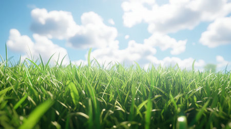 A vibrant scene showcasing lush green grass under a clear blue sky filled with fluffy white clouds. This tranquil setting embodies the beauty of nature.の素材