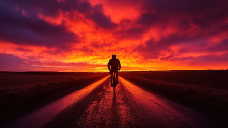 A solitary cyclist rides along an empty road as the sky erupts in vibrant colors during sunset, symbolizing adventure and freedom in nature.の素材