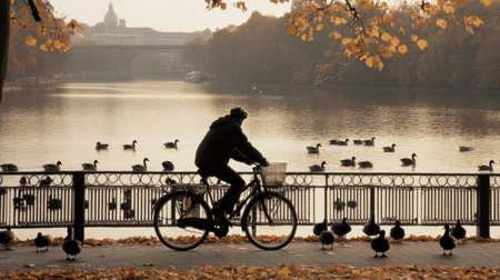 A tranquil autumn scene depicts a cyclist riding along a riverside path. Ducks float on the water, surrounded by colorful foliage and a soft sunset glow.の素材