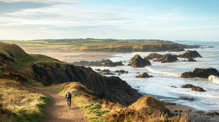 A lone walker traverses a scenic coastal pathway, surrounded by rugged rocks and shimmering ocean waves, under a clear blue sky. The tranquility of nature offers a perfect escape.の素材