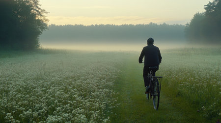 A lone cyclist enjoys a serene morning ride through a misty meadow, surrounded by lush greenery and beautiful flowers. The soft light of dawn creates a tranquil atmosphere.の素材