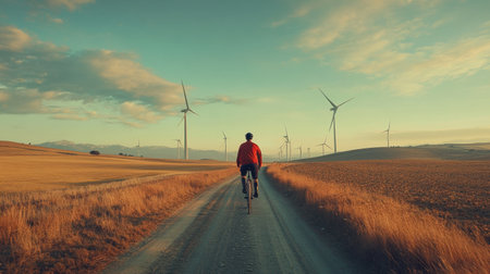 A captivating scene showcasing a man riding a bicycle down a dusty road lined with wind turbines against a backdrop of a serene blue sky and evening light.の素材