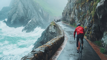 A determined cyclist navigates a winding coastal road surrounded by towering rocks and crashing waves, capturing the essence of adventure in misty weather.の素材