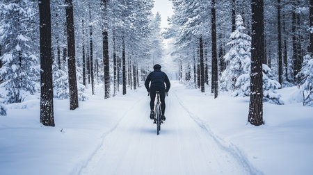 A lone man rides a bicycle along a snow-covered path in a serene winter forest, surrounded by towering trees and a peaceful atmosphere.の素材