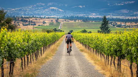 A lone cyclist rides along a gravel pathway surrounded by vibrant vineyard rows, showcasing the beauty of nature in a picturesque landscape.の素材