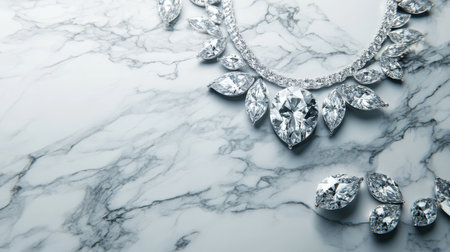 Captivating display of an elegant diamond necklace elegantly arranged on a luxurious marble surface, showcasing the brilliance of each gem.の素材