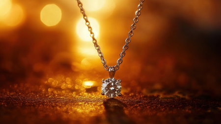 This captivating image showcases a sparkling diamond pendant necklace elegantly suspended on a fine chain, set against a warm, glimmering backdrop.の素材
