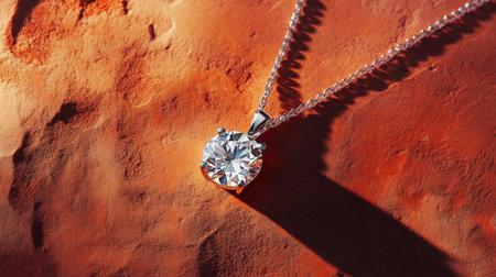 This image features a stunning diamond pendant necklace resting on a textured orange surface. The luxurious piece reflects light beautifully, creating a captivating visual appeal.の素材