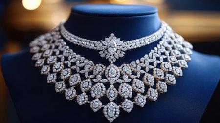 A stunning close-up of an elegant diamond necklace set displayed on a dark blue bust, showcasing intricate design details against a softly blurred background.の素材