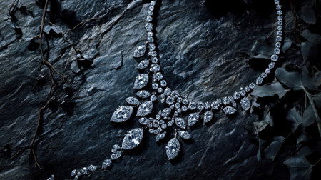 This image showcases an exquisite diamond necklace resting on a dark stone surface, surrounded by delicate green foliage, highlighting luxury and elegance.の素材