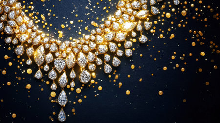 A stunning close-up of a luxurious gold and diamond necklace sparkling against a dark background, perfect for fashion and jewelry promotion or inspiration.の素材