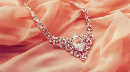This stunning necklace features a large center stone surrounded by delicate embellishments, elegantly placed on soft coral fabric, ideal for fashion and jewelry themes.の素材