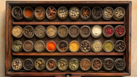 A beautifully organized wooden spice rack showcasing a diverse array of colorful spices in glass jars, perfect for culinary enthusiasts and food lovers.の素材