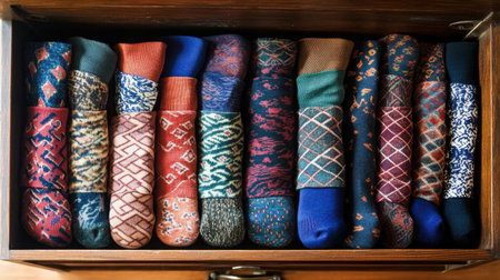 This image features an organized collection of colorful socks with various artistic patterns neatly arranged in a wooden drawer, showcasing unique design styles.の素材