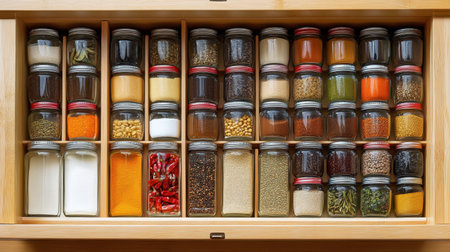 This image showcases a well-organized array of spices and herbs in glass jars, neatly arranged in a wooden drawer, ideal for culinary enthusiasts.の素材