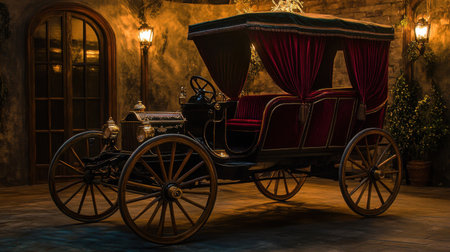 A vintage horse-drawn carriage stands elegantly in a beautifully lit old-fashioned room, featuring rich upholstery and intricate details, evoking nostalgia.の素材