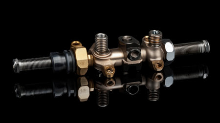 A close-up image showcasing a precision engine component made of brass and metal, highlighting its intricate design and reflective surfaces against a black background.の素材