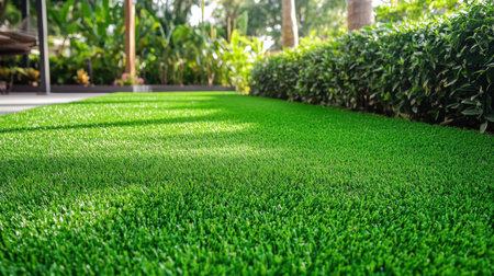 This image showcases vibrant, lush green artificial turf in a bright garden setting, illuminated by warm sunlight, enhancing the tranquility of outdoor spaces.の素材