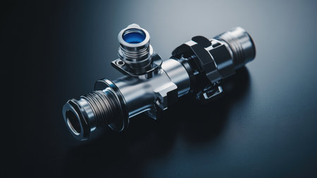 This image showcases a metallic pipe connector featuring a striking blue detail, ideal for industrial and mechanical purposes, highlighting precision engineering.の素材