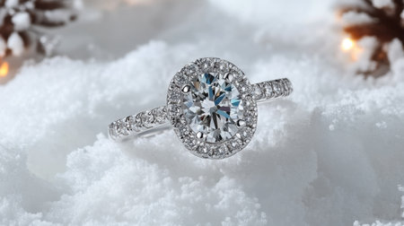 This stunning diamond ring showcases exquisite craftsmanship as it rests on soft snow, reflecting light with a brilliant sparkle, perfect for winter celebrations.の素材