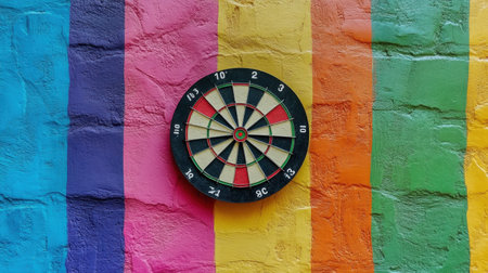 A striking image of a dartboard mounted on a colorful wall featuring bold, vibrant stripes. The textured surface adds depth, creating an inviting atmosphere for gaming and relaxation.の素材