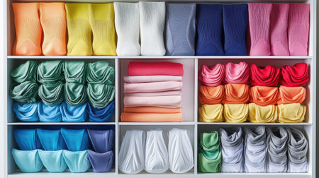 A visually appealing display featuring a variety of colorful socks and neatly folded fabrics on shelves, showcasing organization and stylish storage ideas for a modern home.の素材