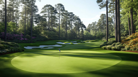 A breathtaking view of a serene golf course, featuring a perfectly manicured green surrounded by towering trees and vibrant flowers in a sunlit atmosphere.の素材