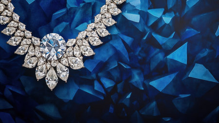This stunning image features an elegant jewelry necklace adorned with brilliant stones, set against a rich blue background, exuding luxury and sophistication.の素材