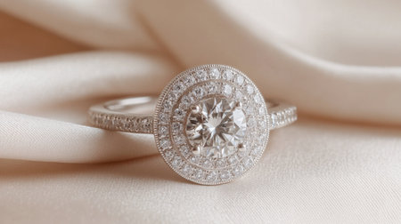 This elegant silver engagement ring features a brilliant round diamond center surrounded by a stunning halo of smaller diamonds, resting on a soft satin background.の素材