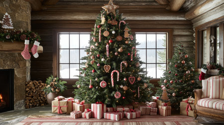 A beautifully decorated rustic living room featuring a large Christmas tree adorned with ornaments and set against a snowy landscape. Cozy atmosphere.の素材