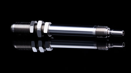 High-resolution image showcasing a precision engine injector with a sleek metallic finish, designed for high performance and durability in automotive applications.の素材