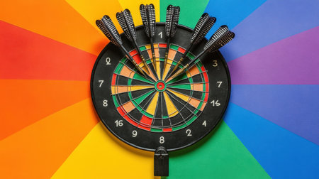 This vibrant and colorful image features a dartboard with darts embedded in the bullseye. The background radiates a spectrum of colors, enhancing the excitement. Perfect for themes in gaming, fun, and competition.の素材