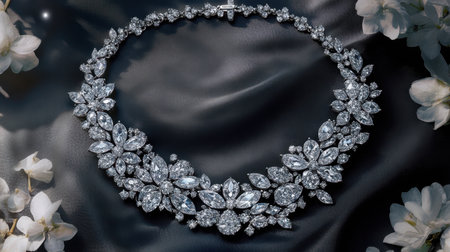 This stunning necklace features intricate diamond-like crystals, exuding luxury and elegance. Set against a satin background, it offers a beautiful display.の素材