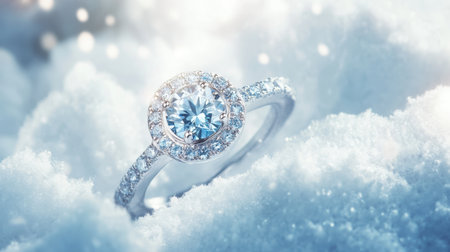 A stunning diamond ring rests atop a bed of soft snow, sparkling with light and evoking a serene and romantic winter ambiance, perfect for celebratory events.の素材