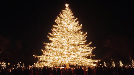 A magnificent Christmas tree adorned with brilliant lights shining brightly at night, surrounded by festive crowds celebrating the holiday spirit.の素材