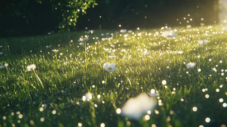 A serene and picturesque view of a grassy meadow adorned with delicate white flowers, sparkling under warm sunlight and surrounded by nature.の素材