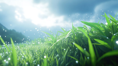 A close-up view of lush green grass adorned with sparkling dew drops, set against a dramatic cloudy sky, conveying a serene and refreshing nature scene.の素材