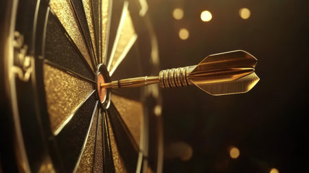 A stunning close-up of a golden dart striking the bullseye of a dartboard, surrounded by a sparkling and softly focused background, symbolizing success.の素材