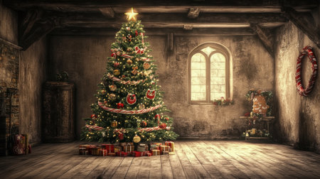 This enchanting Christmas scene captures a beautifully decorated tree surrounded by gifts in a rustic room, radiating warmth and festive cheer.の素材
