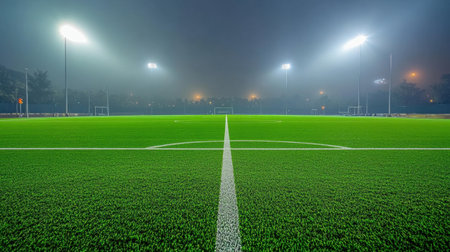 This image showcases a pristine soccer field illuminated by bright lights, surrounded by a foggy atmosphere, perfect for evening matches or practice sessions.の素材