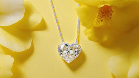 A stunning heart-shaped diamond pendant necklace elegantly rests among vibrant yellow flower petals, set against a bright yellow background, creating a romantic and cheerful atmosphere.の素材