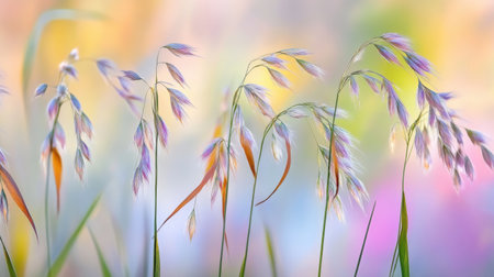 This image features delicate grass blades swaying in a gentle breeze, set against a soft pastel background, creating a serene and tranquil atmosphere.の素材