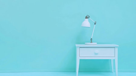A serene scene showcasing a white lamp on a nightstand against a soothing blue wall, perfect for evoking tranquility in interior design projects.の素材