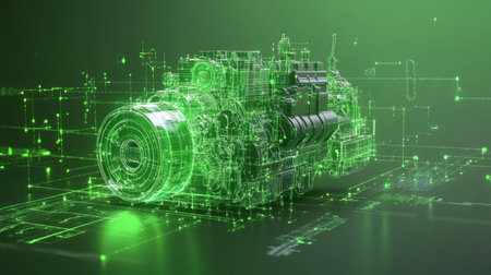 This striking 3D illustration depicts a futuristic engine design in green hues, showcasing digital elements and intricate details for innovative concepts in technology and sustainability.の素材