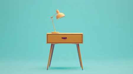 This modern vintage nightstand features a retractable drawer and a stylish desk lamp, set against a vibrant turquoise backdrop, ideal for home decor.の素材