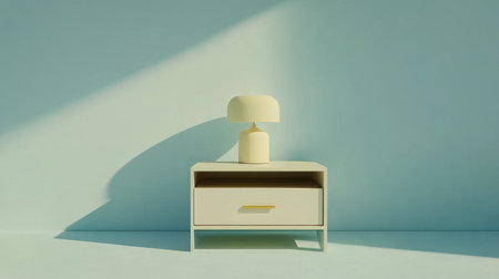 This image showcases an elegant minimalist nightstand featuring a sleek lamp and a soft light that creates a serene ambiance in a modern interior.の素材