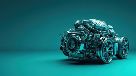 This striking image showcases a modern engine, highlighting intricate details and advanced design features against a turquoise backdrop, perfect for automotive themes.の素材